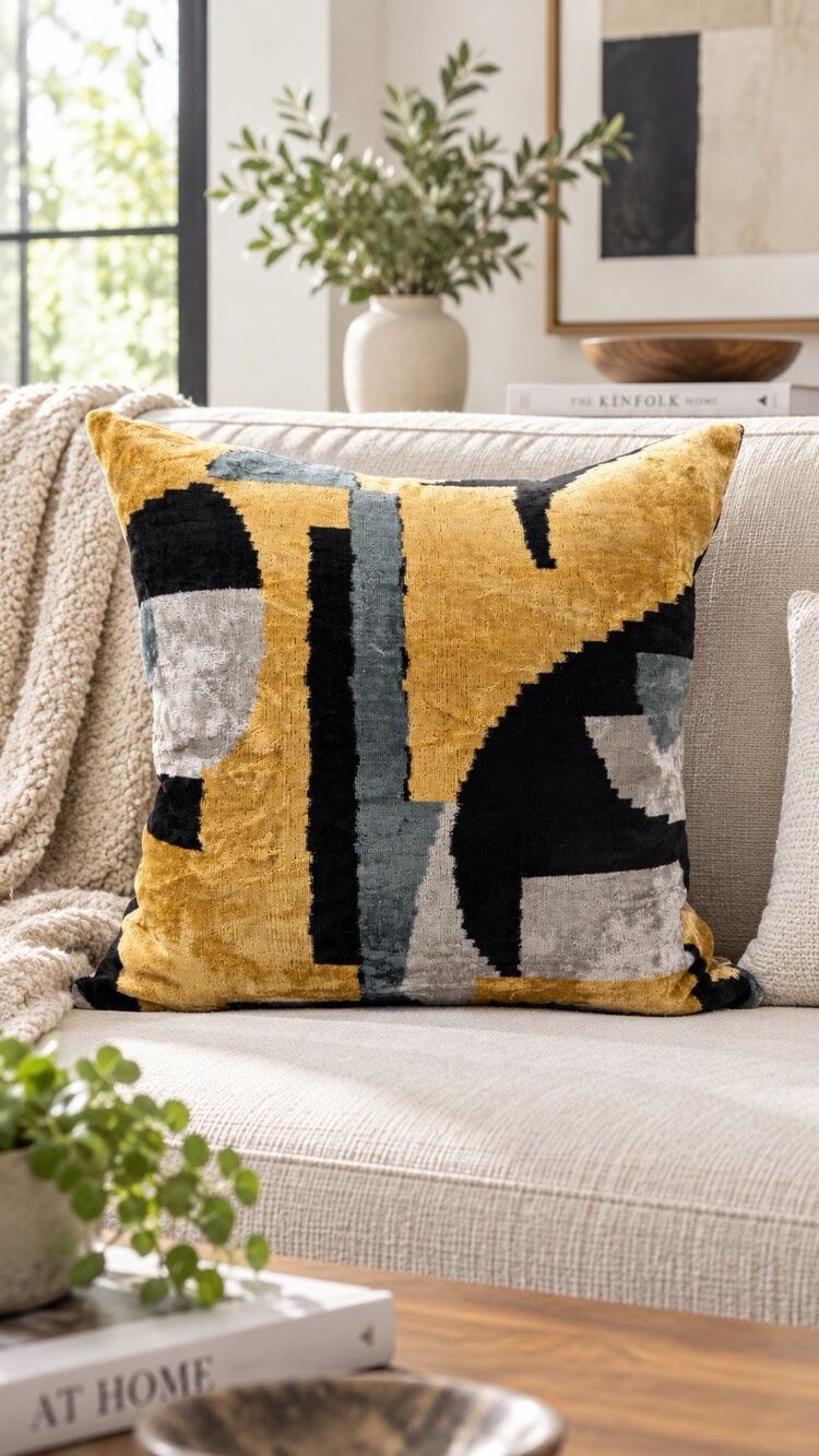 Canvello Geomteric Handmade 16x16 Silk Velvet Turkish Down Filled Throw Pillow